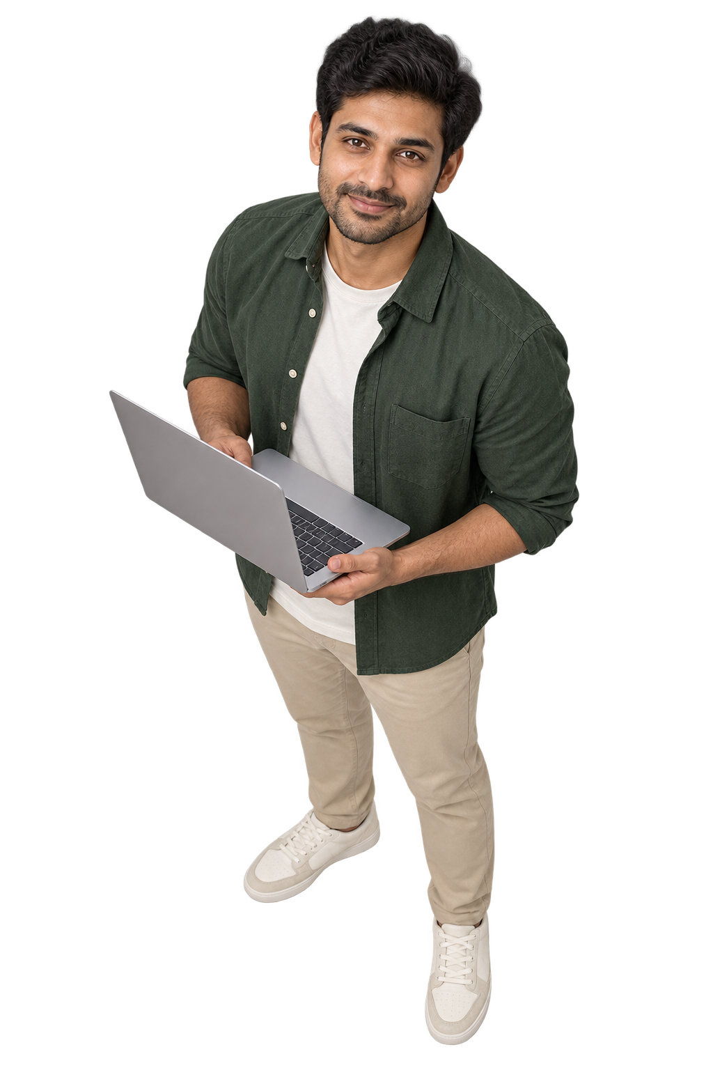 An original AI-generated adult Indian man holding a laptop and looking up at the camera